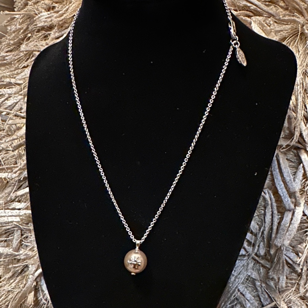 New TORY BURCH Silver Necklace with T Logo Charm Gray Pearl Pendant MSRP $150